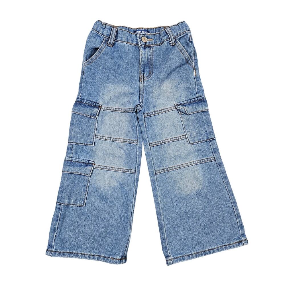 SOHO BLUE DENIM GIRLS’ WIDE‑LEG CARGO JEANS – SIZE 6X – LIGHT BLUE WASH